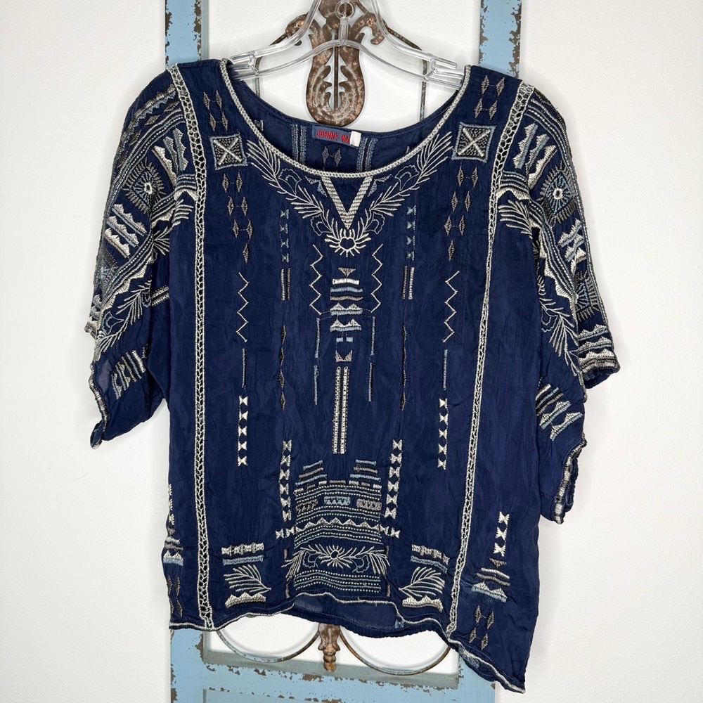 Johnny Was Blue Embroidered Blouse